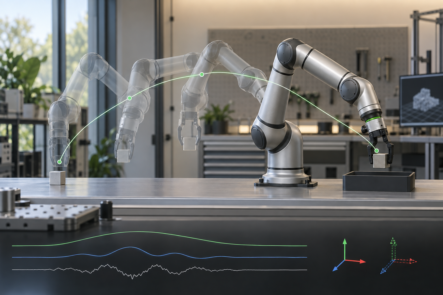 Robot arm executing smooth VLA action chunks with motion constraints